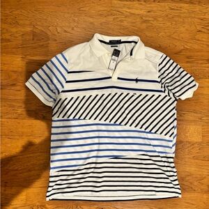 Ralph Lauren Men's Polo Shirt - White, Blue, and Black Stripes